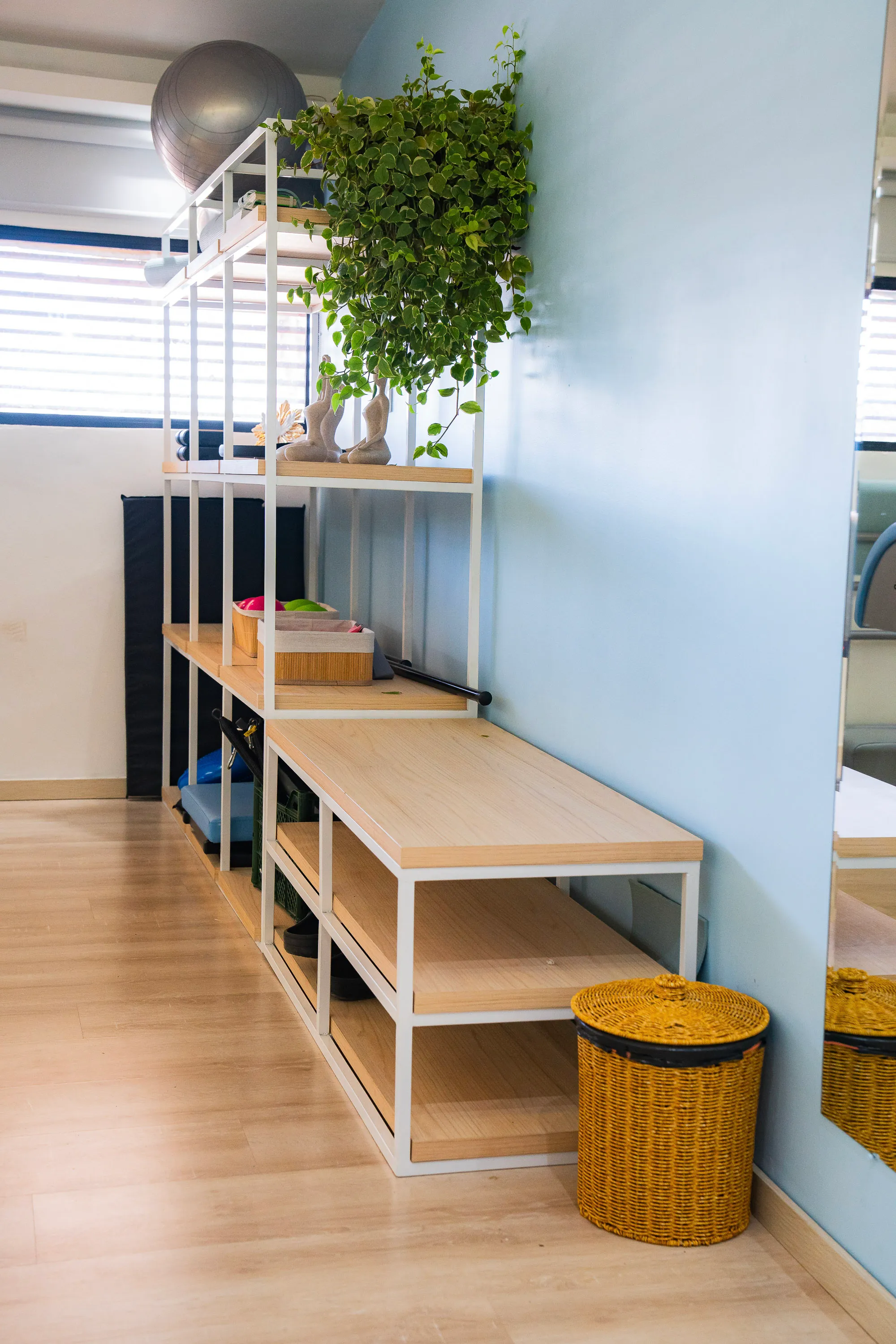 Ambiente acolhedor do estúdio da Flow, com plantas e espaço para pilates